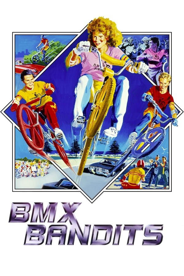 The theatrical poster for BMX Bandits, featuring three kids in a diamond shape riding BMX bikes, with a young Nicole Kidman in the centre position
