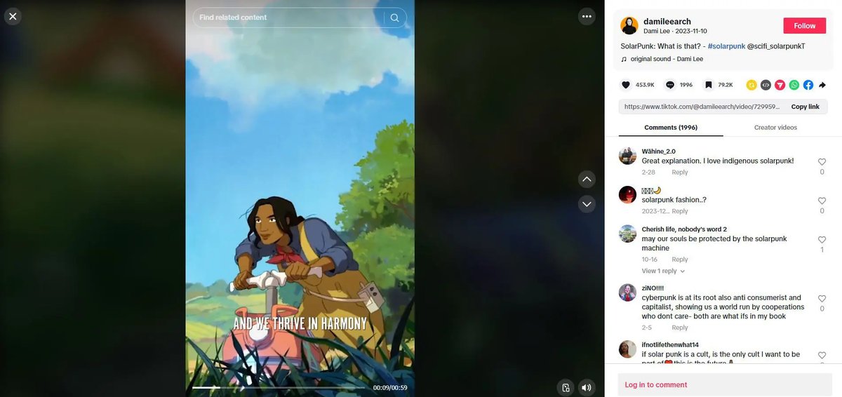 A screenshot of a TikTok account showing an animated woman of colour in a kitchen, the style is reminiscent of studio ghibli