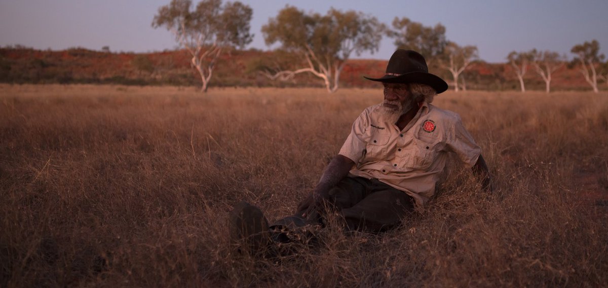 An image of an Elder First Peoples man wearing a hat and cream coloured shirt, with a white beard, sitting in tall grass under an outback sky