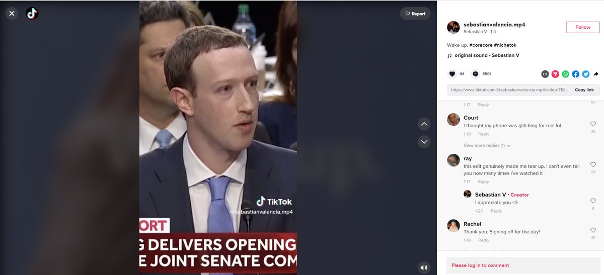 A screen capture of a TIkTok video, paushed on an image of mark zuckerberg in a blue t-shirt