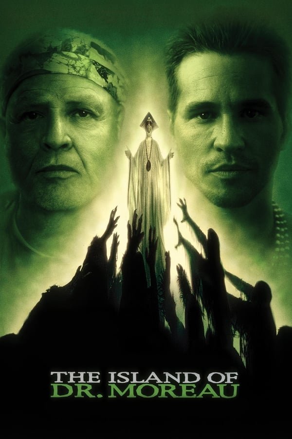 A movie poster in a shade of green featuring marlon Brando and val kilmer with marlon brandon dressed as white in a priest like outfit raising his hands to the sky where green light shoots up between the two actors faces