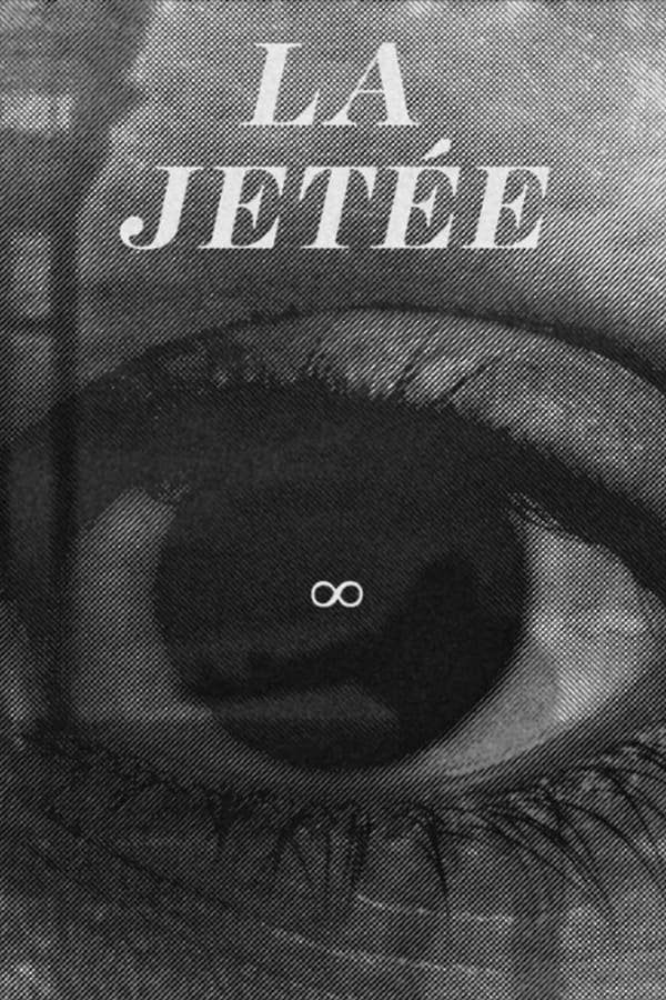 A black and white poster of an up-close eyeball with the figure eight for infinity in the pupil