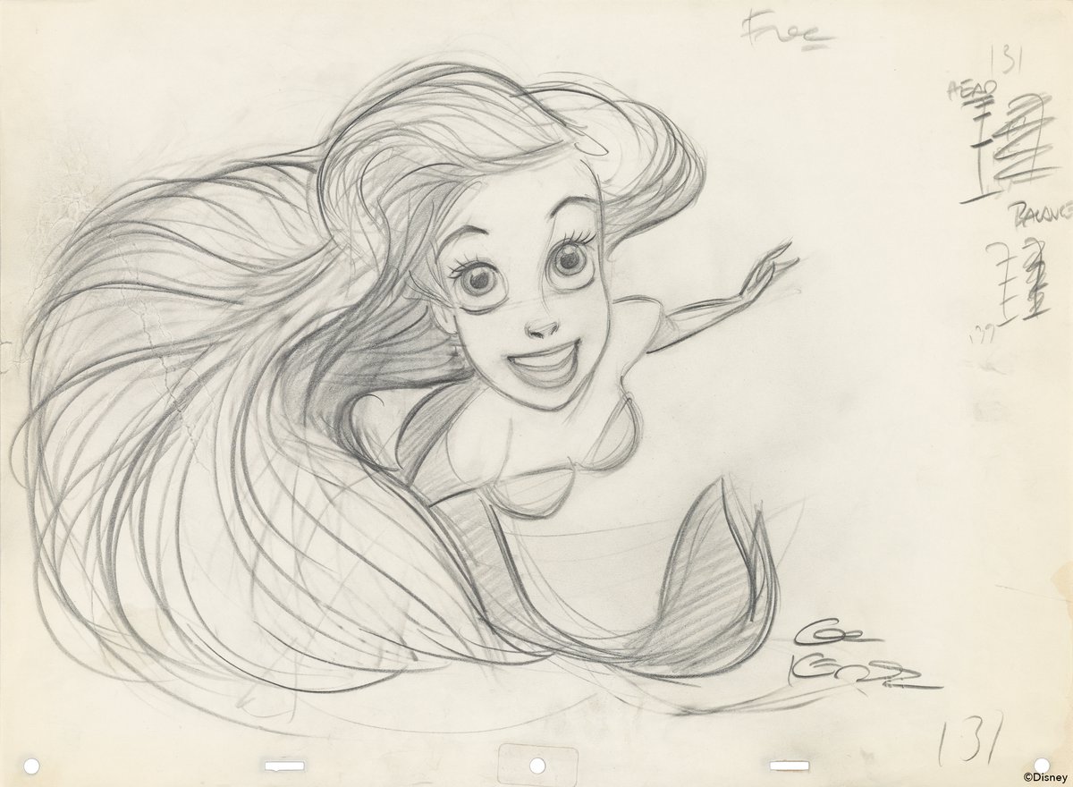 A sketch of Ariel, the little mermaid, seeming to swim and float on the paper, her hair flowing freely around her face as she stares directly towards the viewer