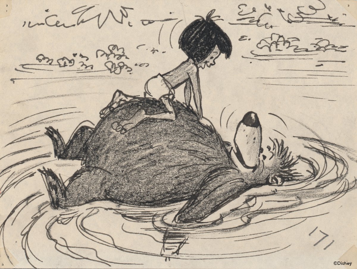 A pencil sketch of the young boy Mowgli bouncing on Baloo the fun-loving sloth bear's belly in a pool of water