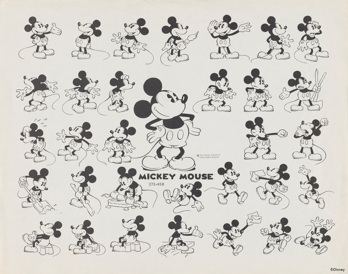 A grid of 32 pictures of the iconic Mickey Mouse, with one giant Mickey in the middle, who is black skinned with big ears, a white belly and shorts on, who wears gloves. Each mickey image is posing differently.