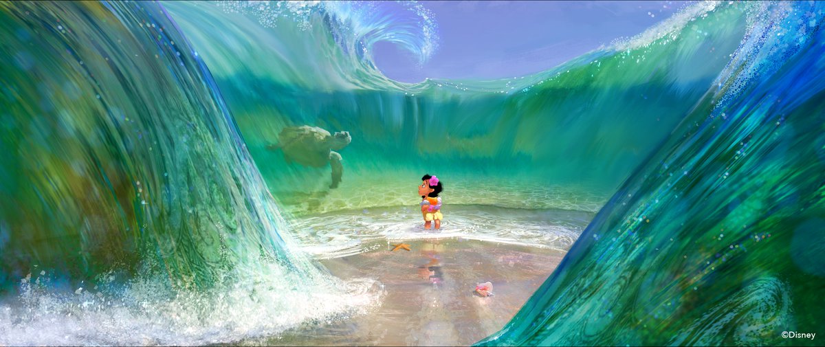 A vibrant digital picture of a small Polynesian toddler in a nappy, standing in the middle of the ocean with a turtle swimming by and coral, the water not touching her but creating a wall around her
