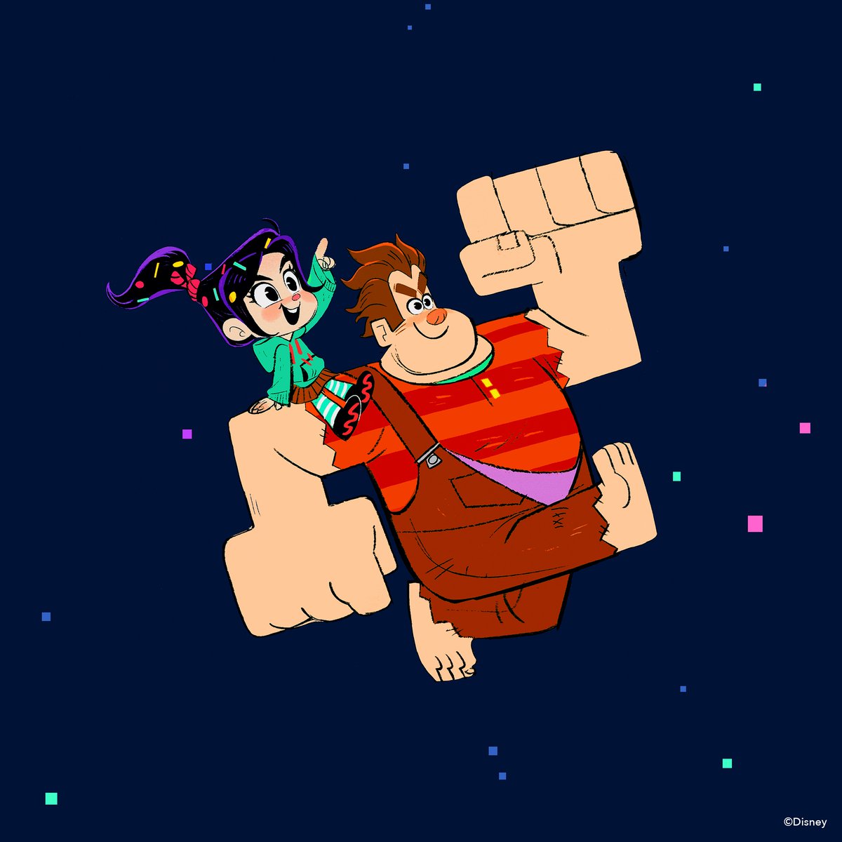 A picture of two animated characters on a blue background. One is Ralph, a thick burly videogame character wearing a red and orange stripped t-shirt and brown overalls with spiky brown hair, and a younger girl on his shoulder with purple hair