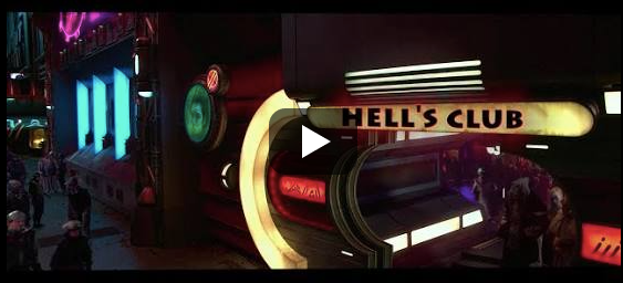 A picture of a streetscape from Star Wars: Attack of the Clones featuring neon doorways and dark roads