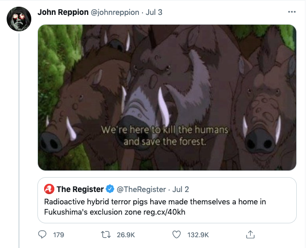 A screenshot of a Twitter user of animated boars with the caption 'We're here to kill the humans and save the forest' over an article about radioactive boars in Fukushima