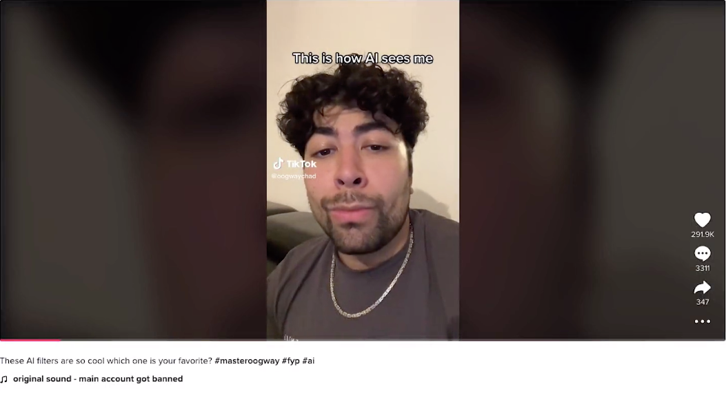 A screenshot of a TikTok account featuring a man with dark curly hair and five o clock shadow, looking into the lens with the words 'This is how AI sees me' above in text