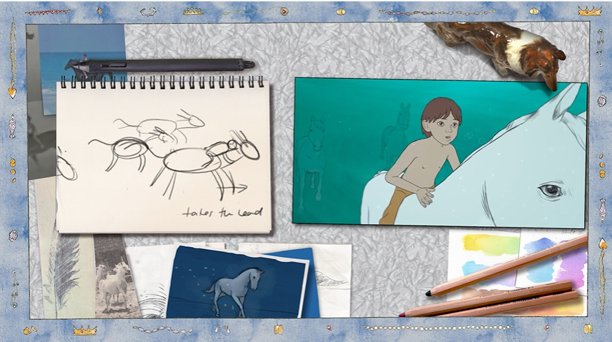 A screenshot of a video work, which appears like an artists studio, with sketches of a horse