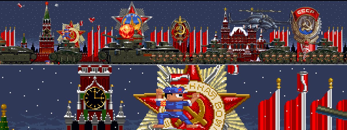An image of a pixelated red army soldier in a playfort game, throwing coca cola cans. The background features chinese communist iconography.