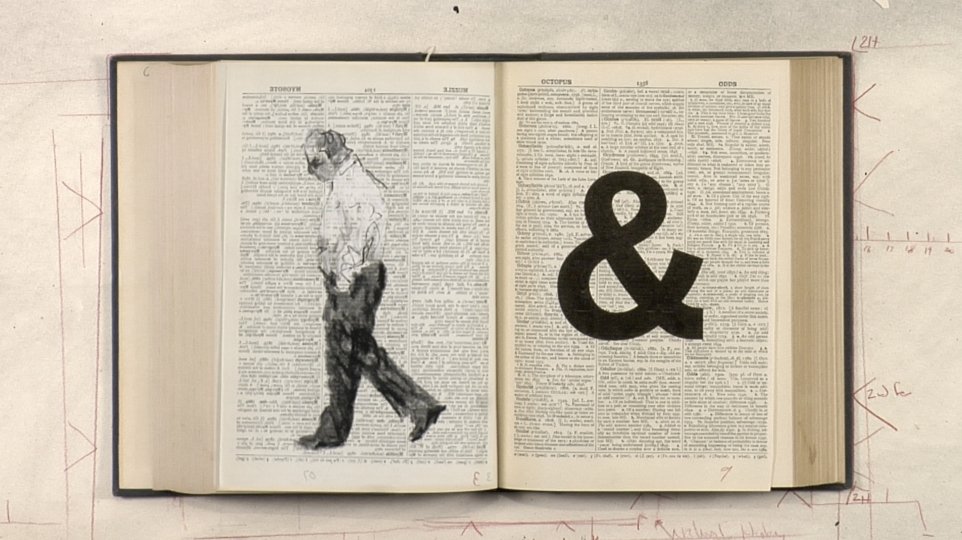 An image of a book opened with an animation of a man in black sketch style mid walk on one page and on the other a thick black ampersand