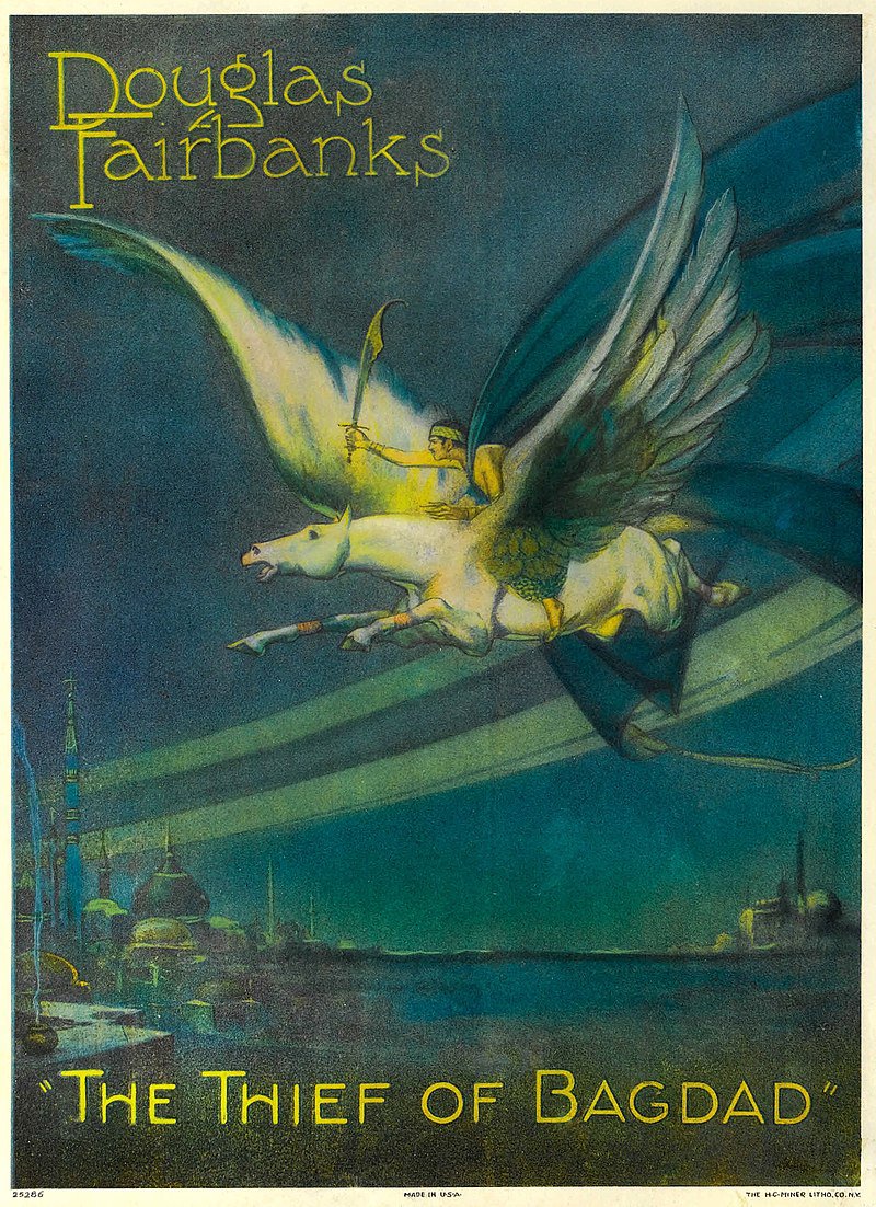 An old style movie poster with a blue background and a person riding a white horse with wings