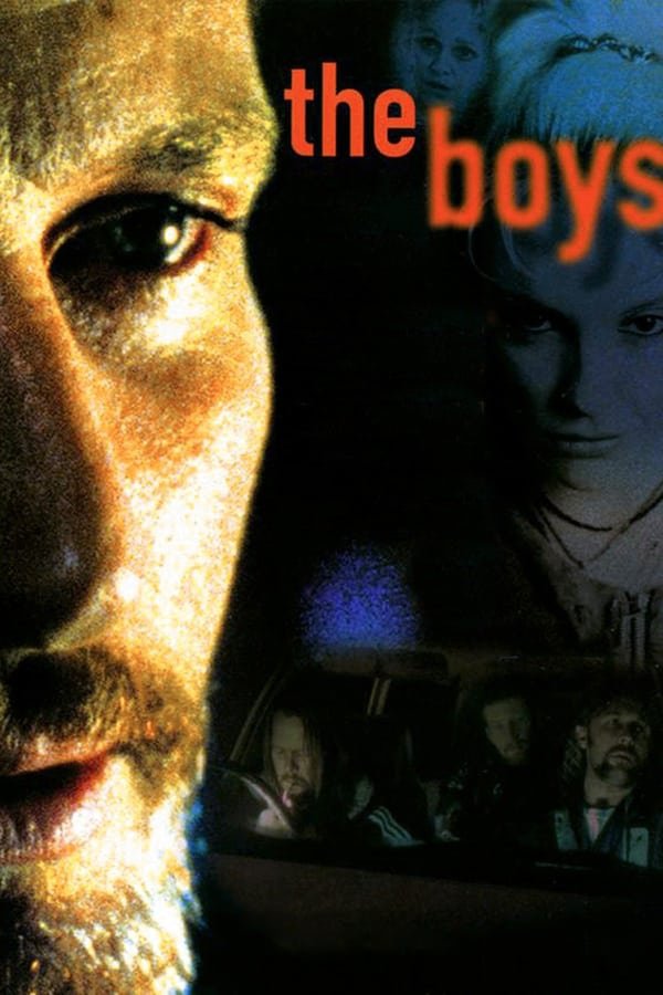 A theatrical release of the poster for The Boys, featuring a man with a goatee's haunted face superimposed over the title of the film