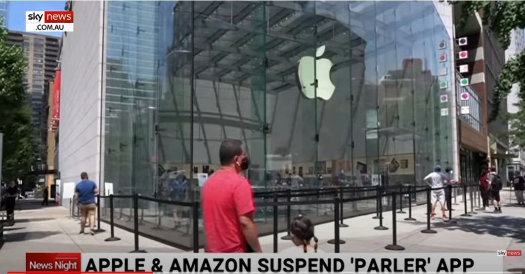 A still image of an Apple store after Apple and Google stores suspend Parler app for inciting violence.