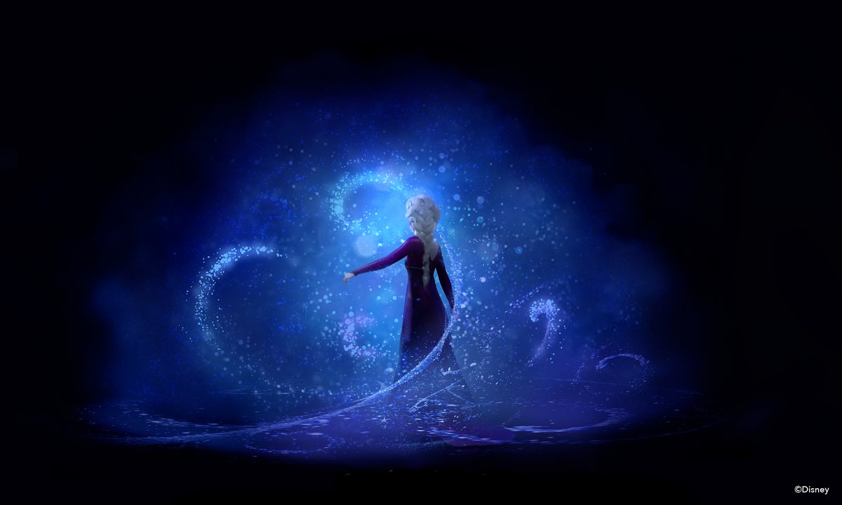 A large picture of Elsa from Frozen standing on a blue background. She wears a purple dress and has her back to the camera, her platinum hair in a braid that extends down her back. Magical snow swirls in the air around her.