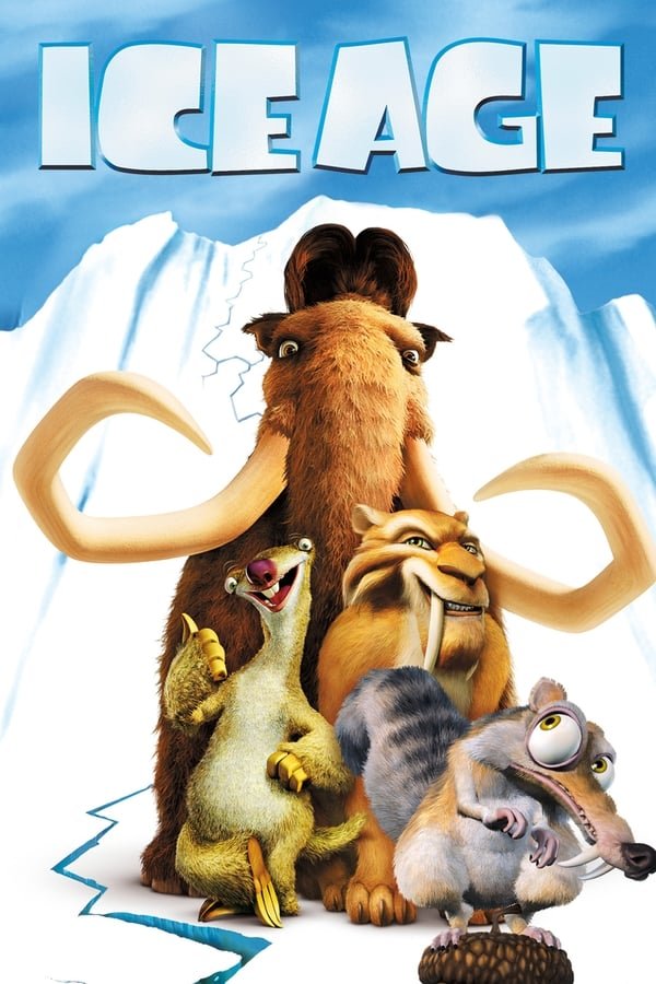 Movie poster of prehistoric animals, including a wooly mammoth, a land sloth and squirrel, stacked atop each other against an icy, antarctic backdrop with a blue sky