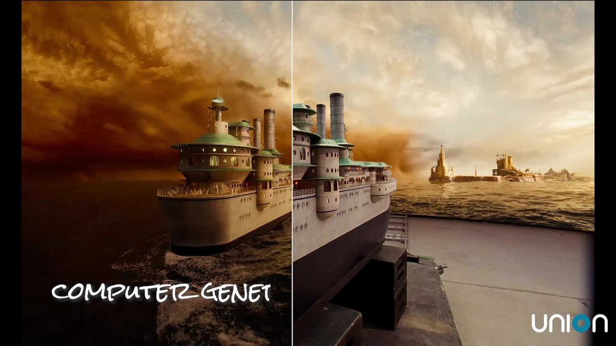 An image of a steam powered ship on a split screen display. One side shows the ship before VFX with a green screen, the right hand side image shows the  orange sky included through vfx