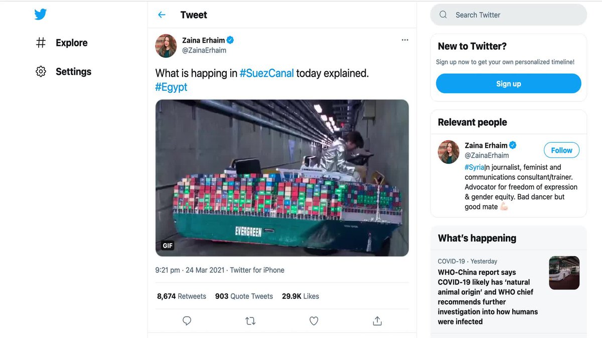A screenshot of a twitter feed that features the container ship Ever Given photoshopped onto a scene from Austin Powers, in a underground tunnel, trying to back a small cart back and forth. Austin has brown hair and thick rimmed black glasses.