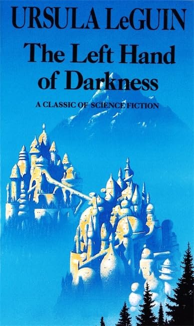 A screenshot of a book called The Left Hand of Darkness, featuring a futuristic island castles floating in the air