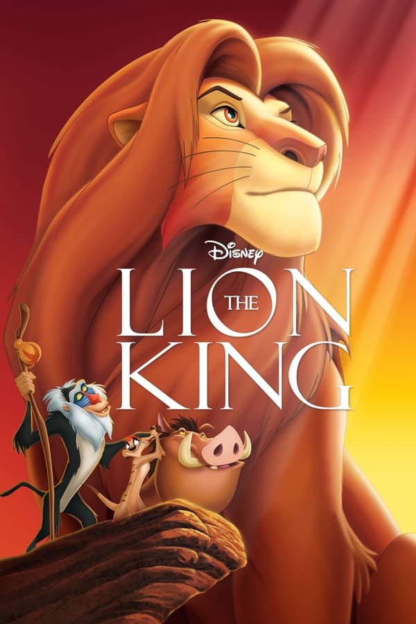 An animated poster of a lion, monkey and warthog standing on a rocky outcrop