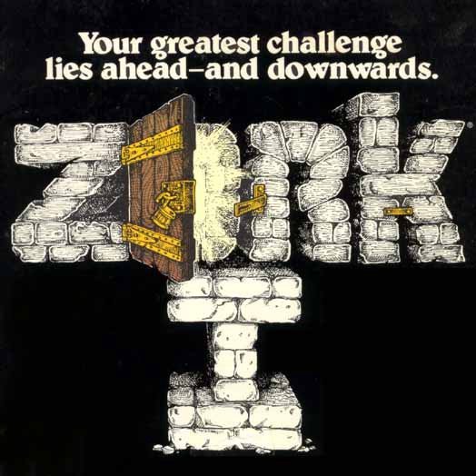 The black cover of the videogame zork, which has the title in stone and also says the great underground empire