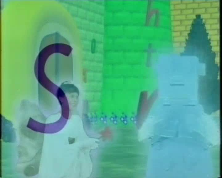 A still image from The Adventures of Floss the Fairy and Riddley Robot: the letter Z runs away